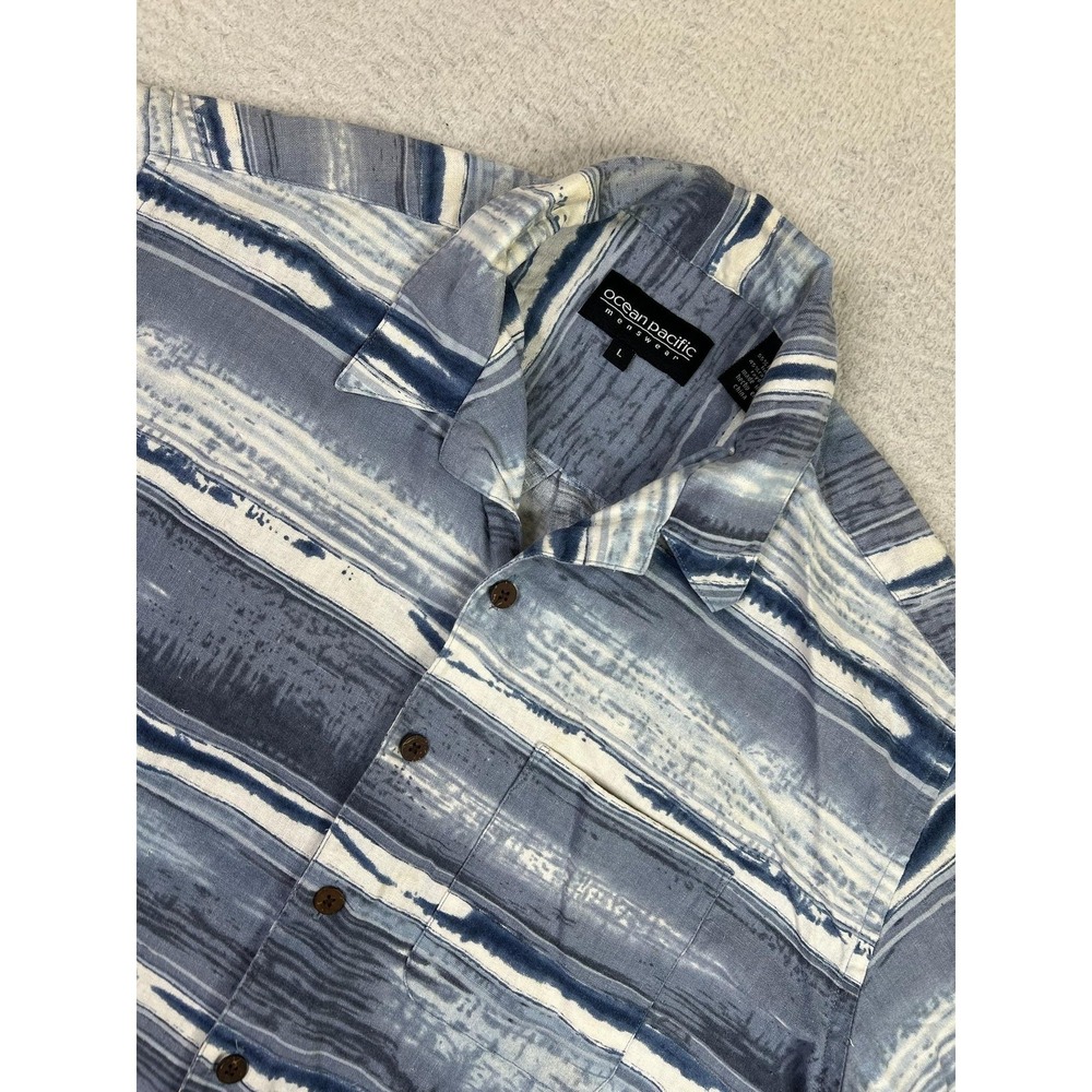 Ocean Pacific Shirt Mens Large Blue Gray Linen Rayon Camp Short Sleeve Button Up